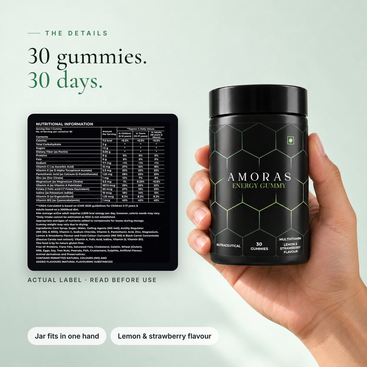 30 gummies, 30 days: Amoras Energy Gummy label