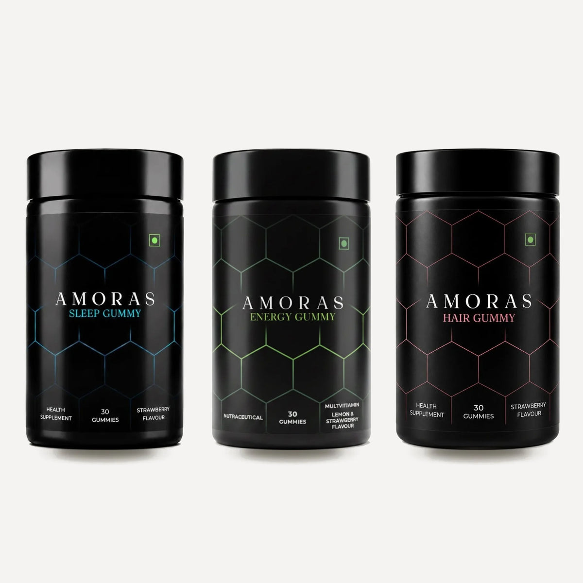Amoras Trio Gift Pack: Sleep, Energy and Hair gummy jars