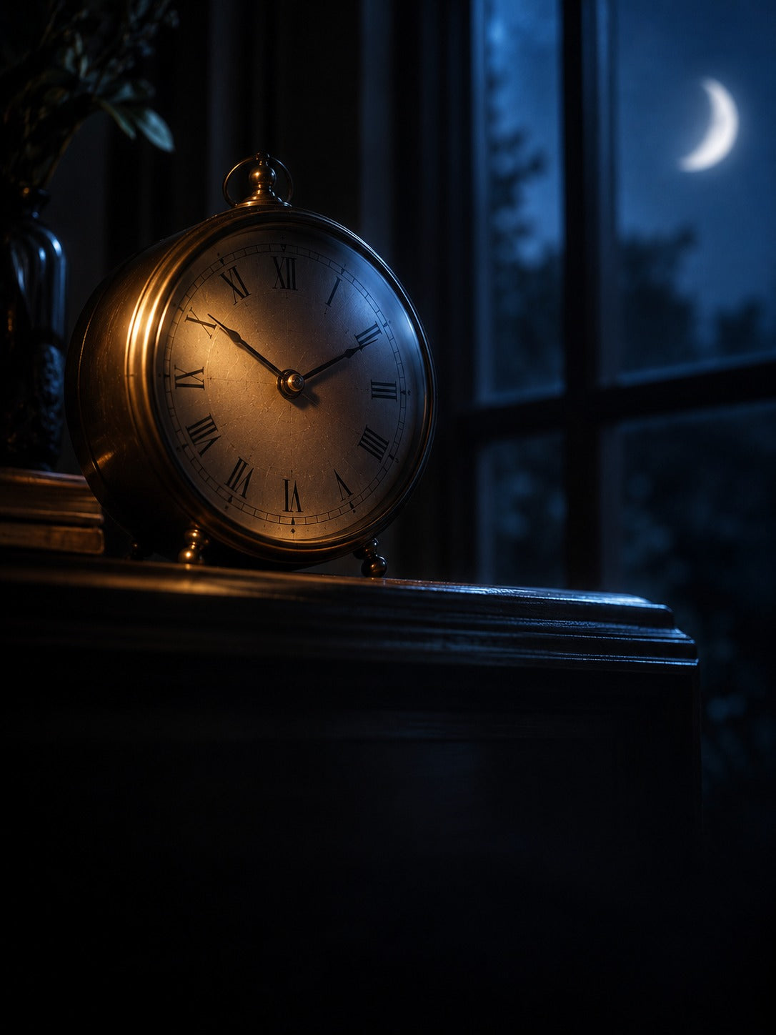 Brass clock in moonlight, representing the sleep-wake cycle