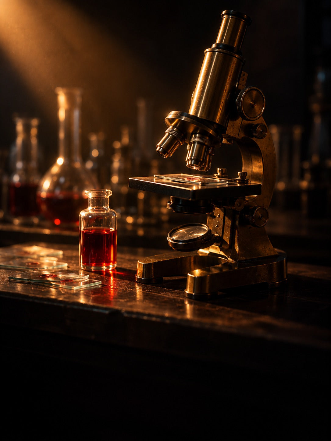 Laboratory microscope beside a vial of vitamin B12