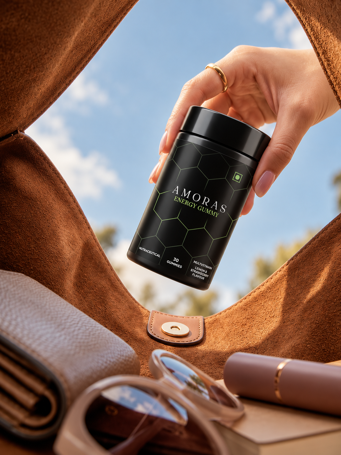 Amoras gummy jar coming out of a handbag in sunlight