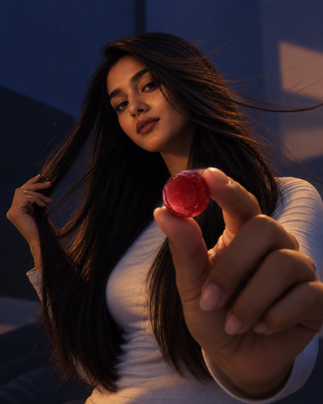 Woman holding a red Amoras gummy