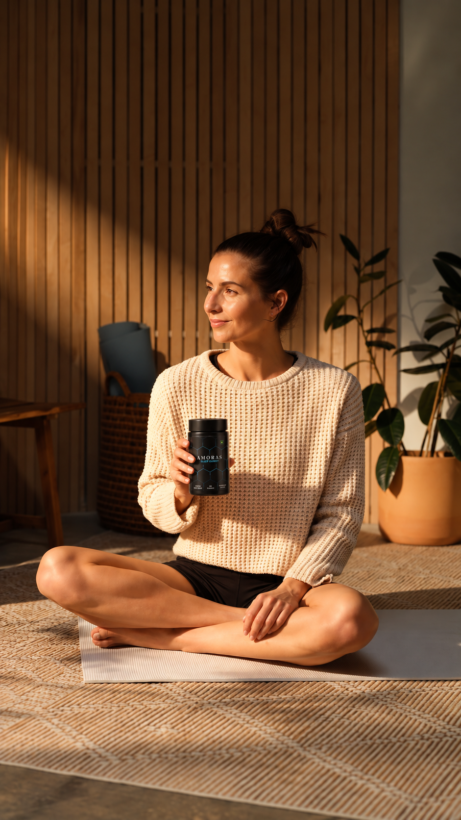 Woman holding an Amoras gummy jar during her morning routine