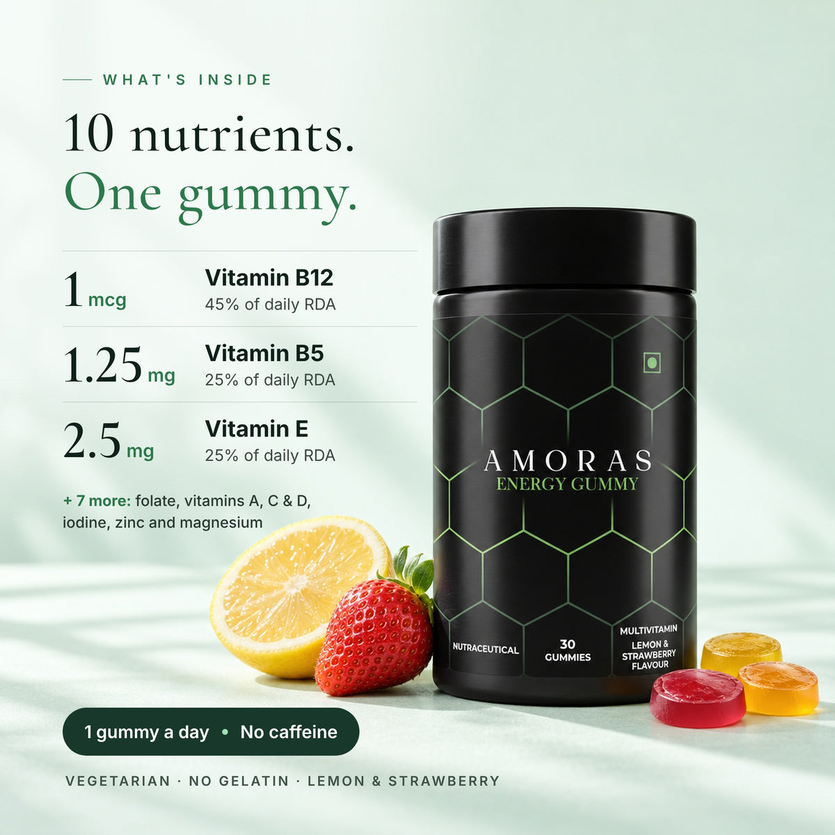 What is inside: 10 vitamins and minerals per gummy