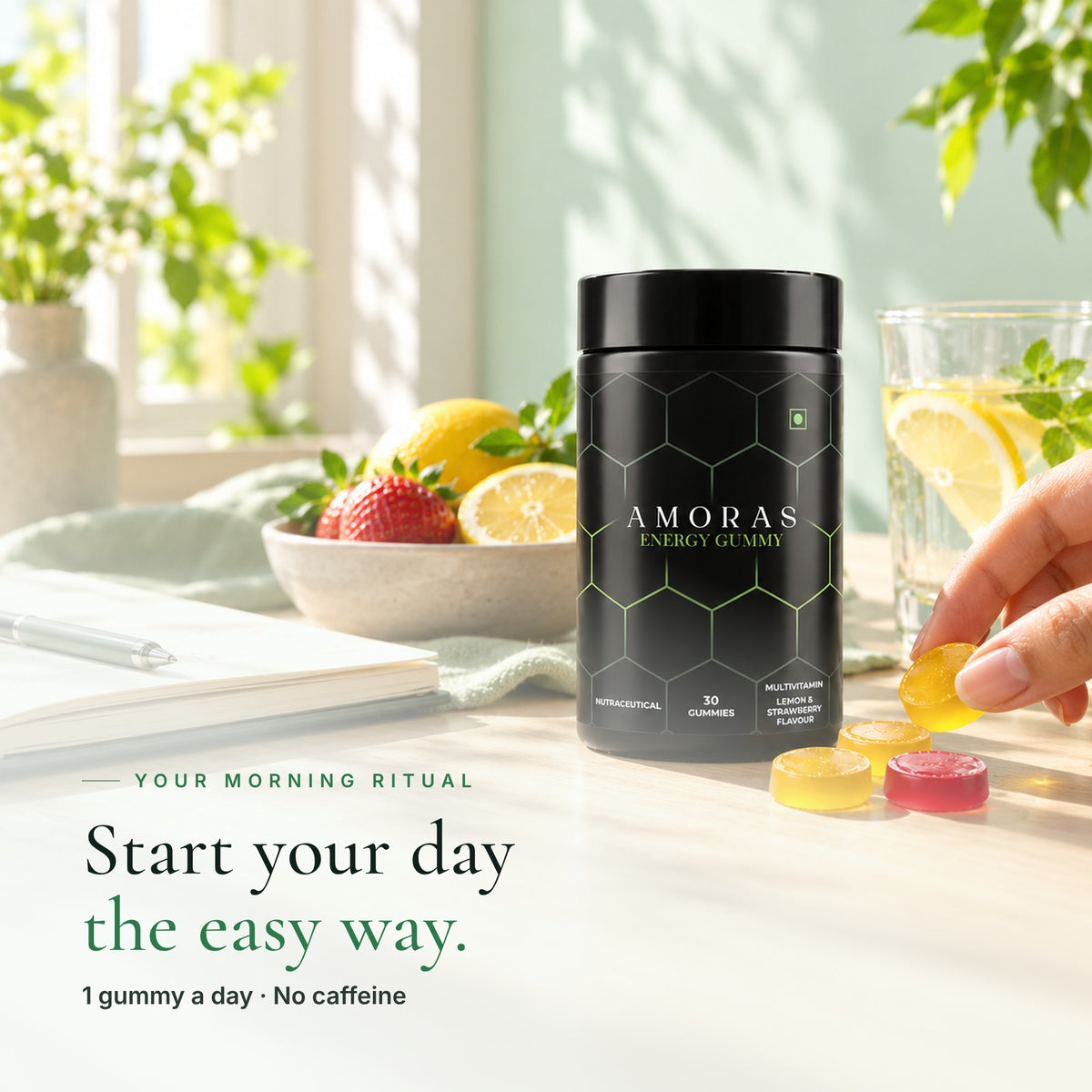 Amoras Energy Gummy in a bright morning kitchen