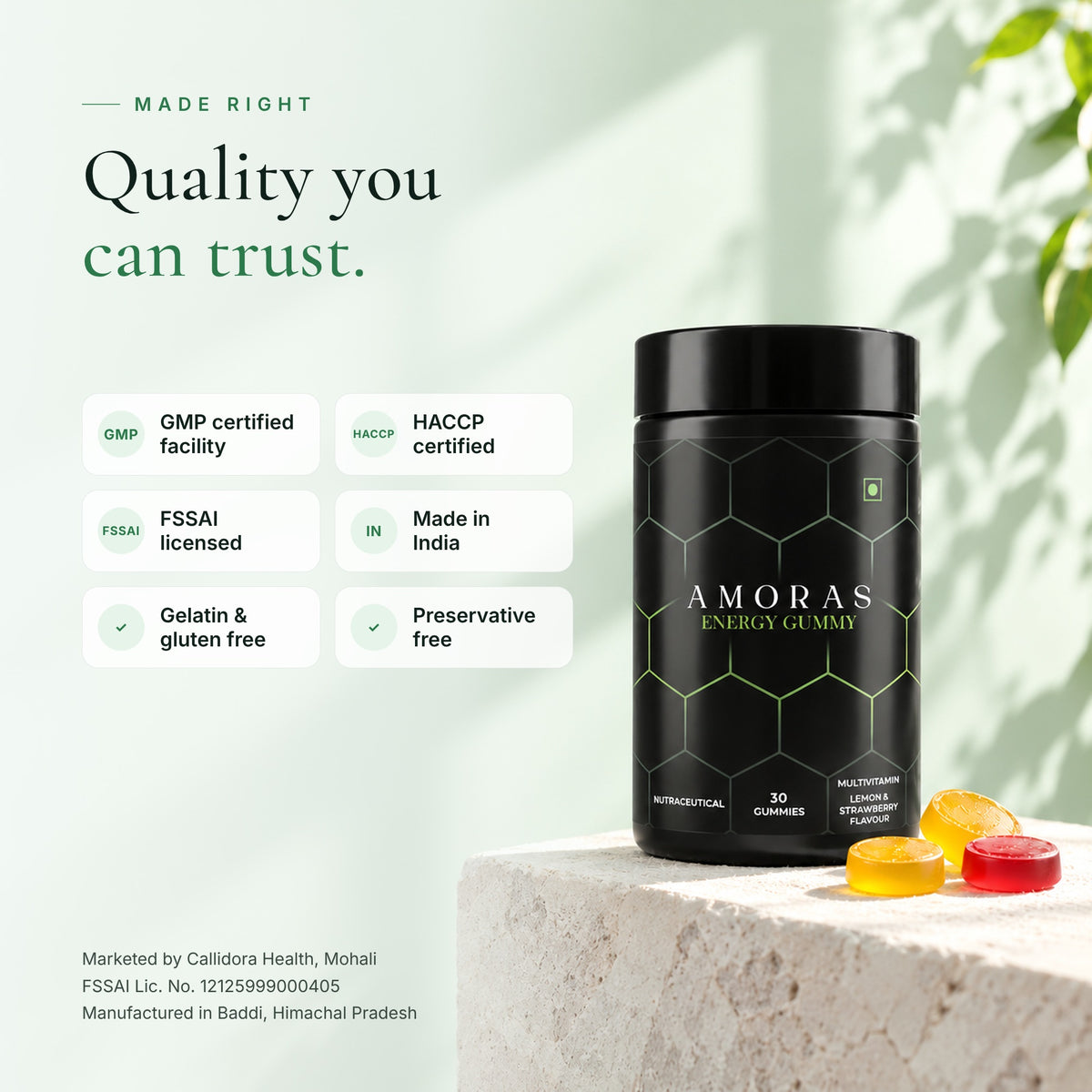 Amoras Energy Gummy quality and label details