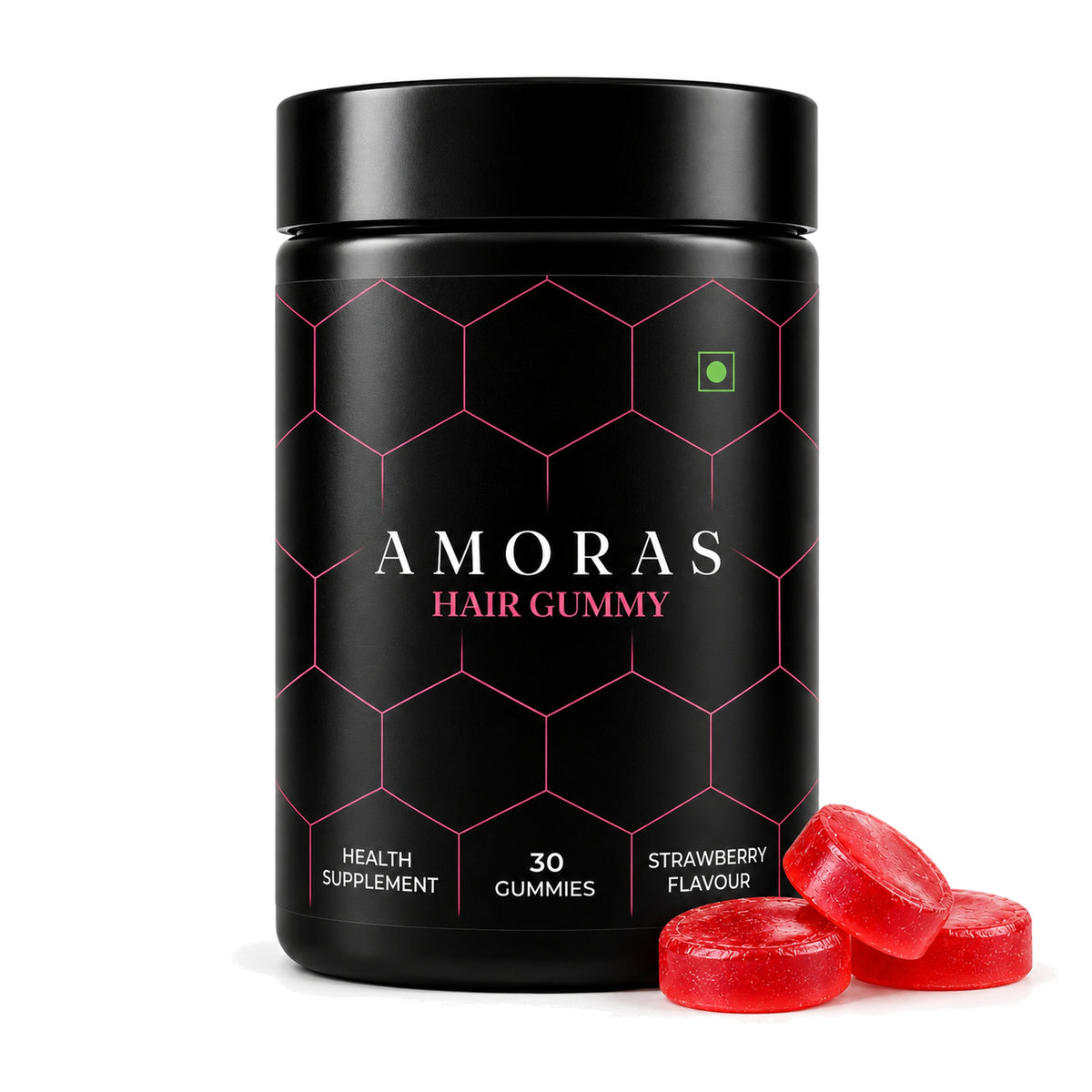 Amoras Hair Gummy jar with strawberry gummies