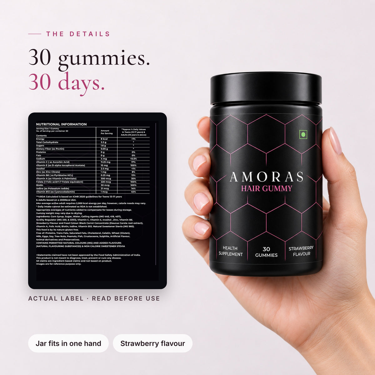 30 gummies, 30 days: Amoras Hair Gummy label