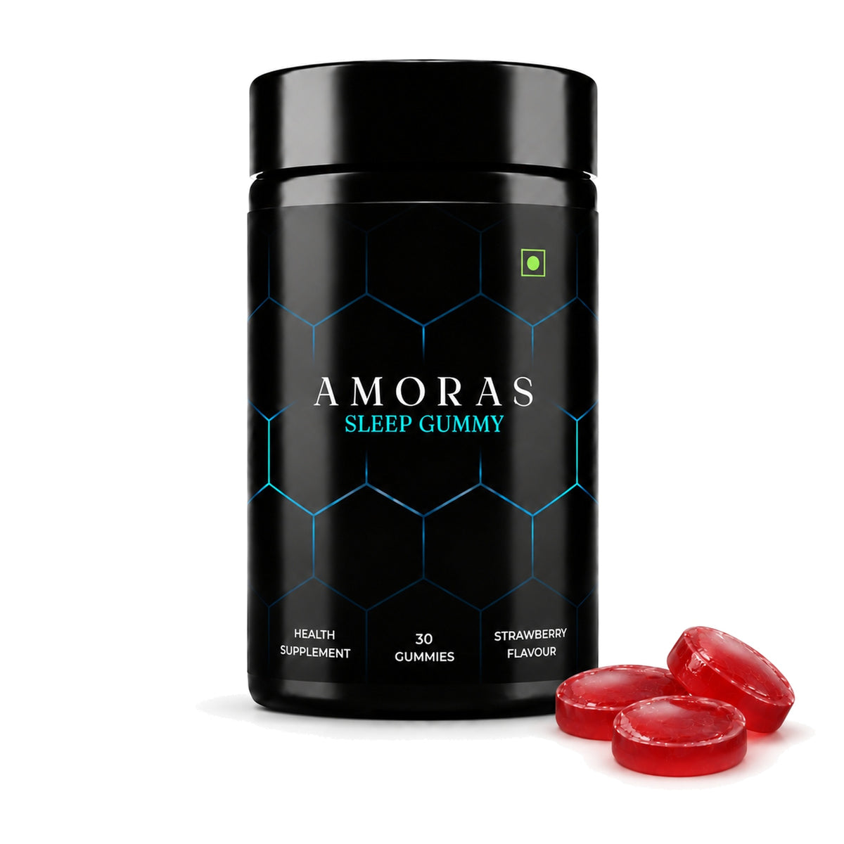 Amoras Sleep Gummy jar with strawberry gummies