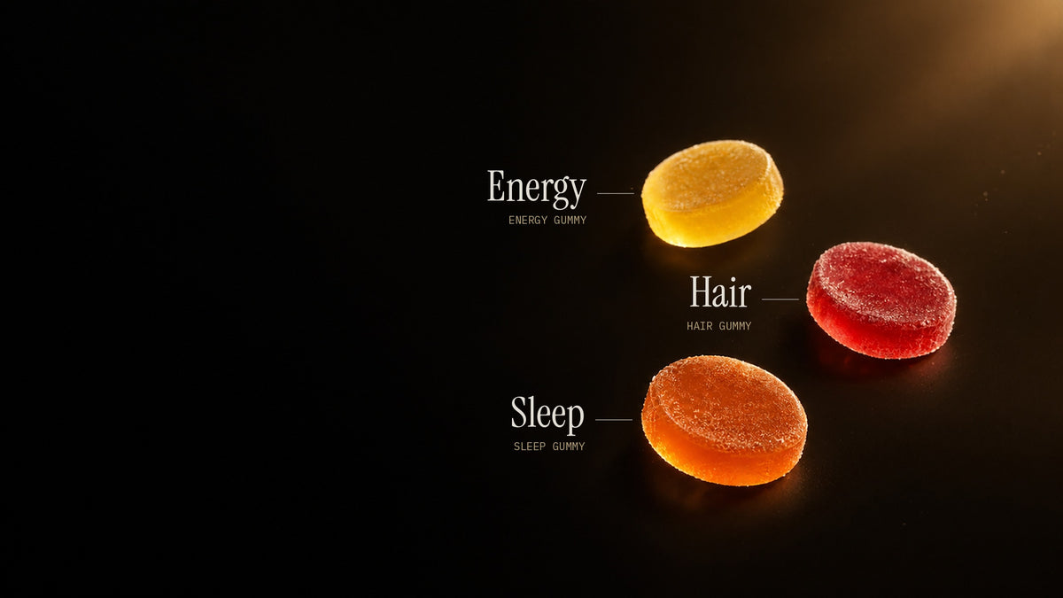 Amoras Energy, Hair and Sleep jelly gummies on a dark background