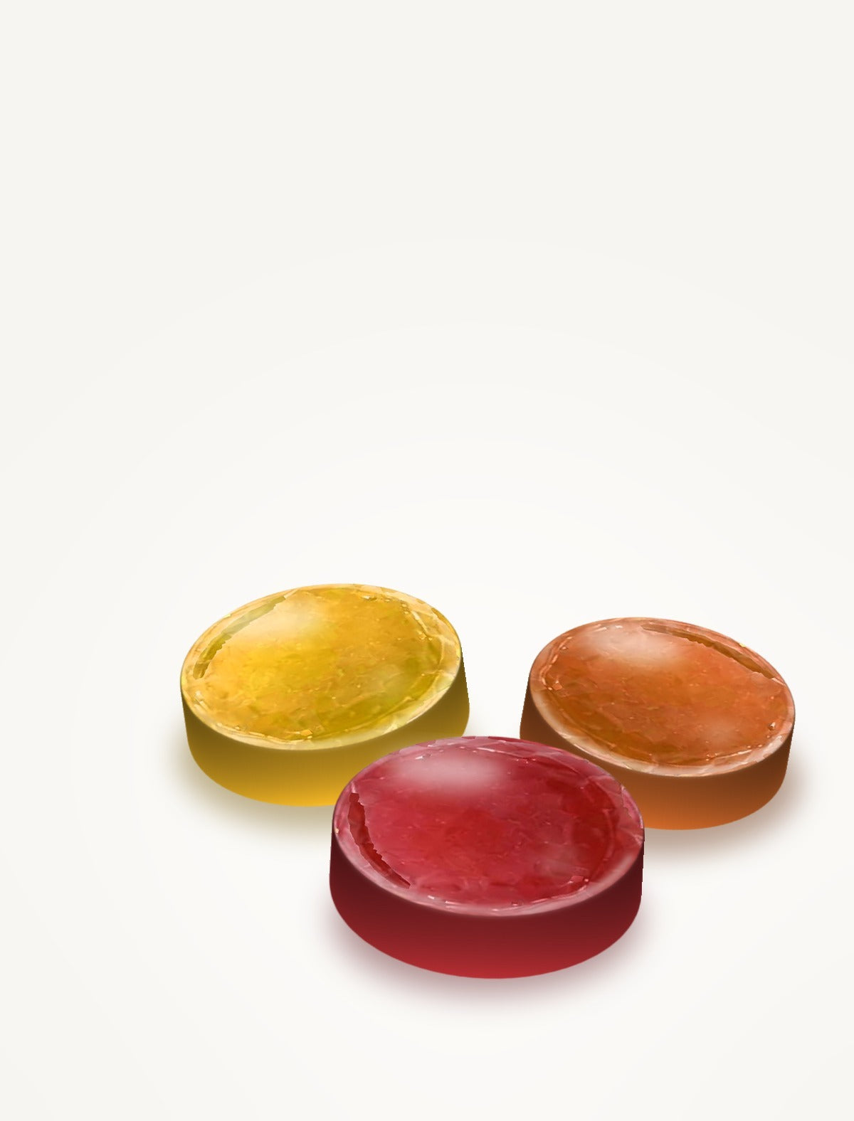 Round Amoras jelly gummies in orange, red and yellow