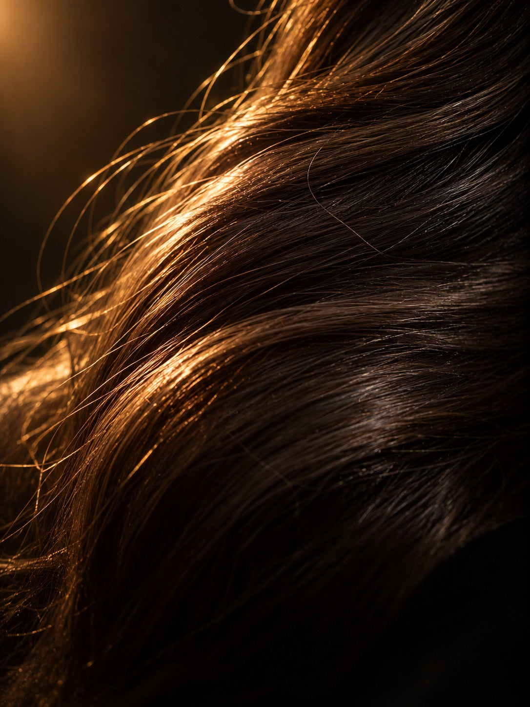 Close-up of glossy dark hair strands