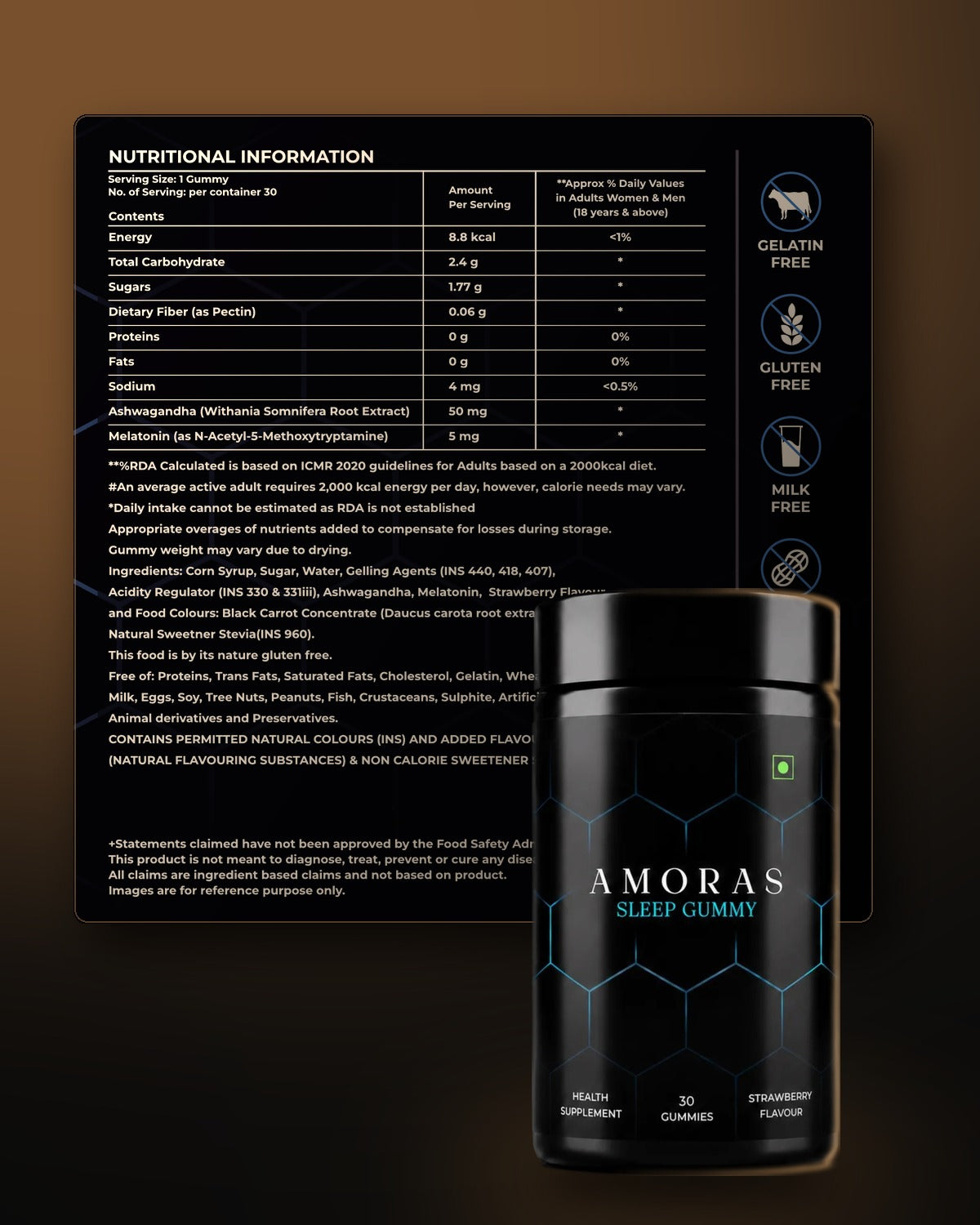 Amoras supplement label showing every ingredient and its amount